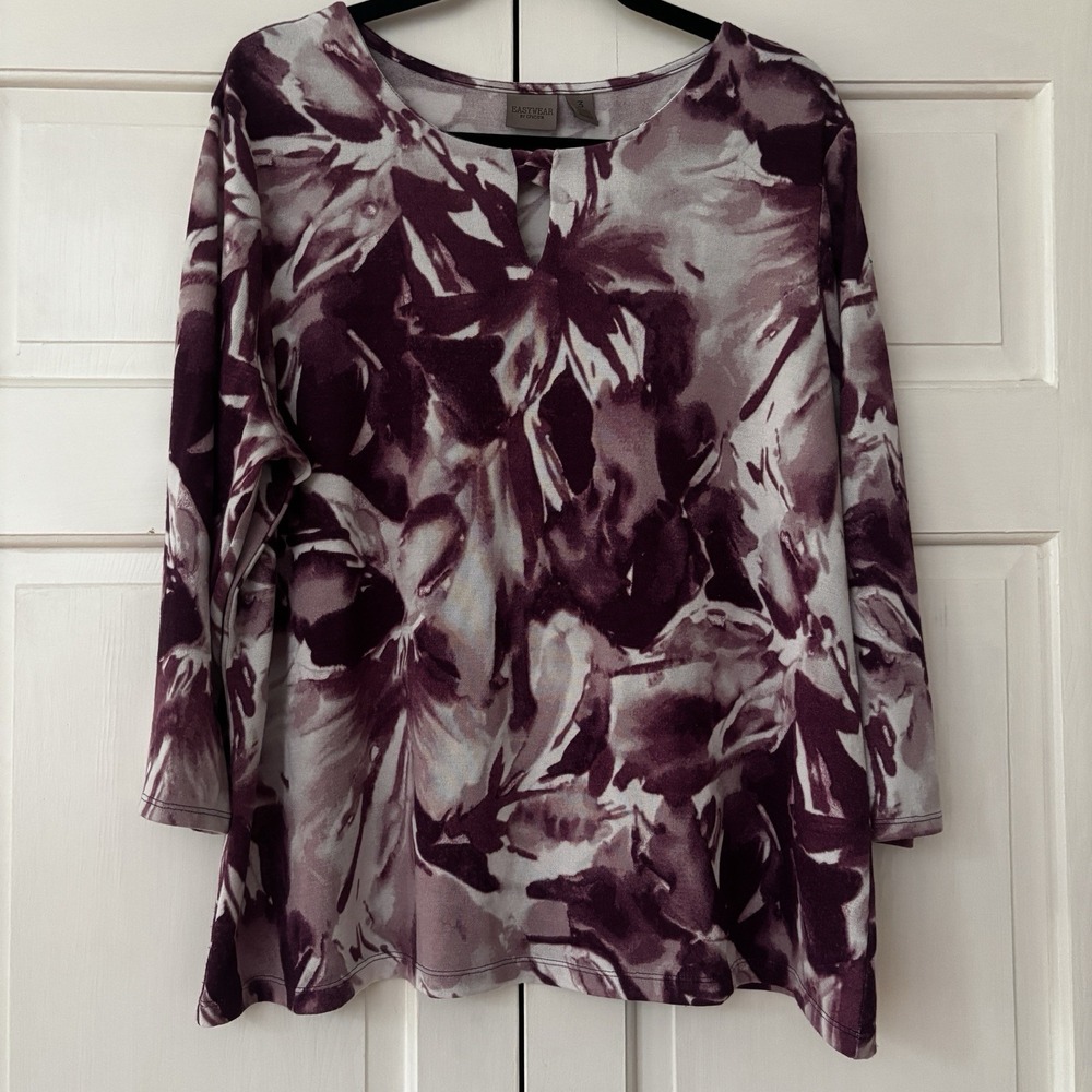 Chico's Size 3 Purple Floral Watercolor 3/4 Sleeve Graphic Blouse Chicos XL